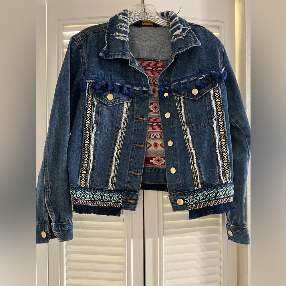 Denimland Short Jean Jacket patches Distressed tassels Small